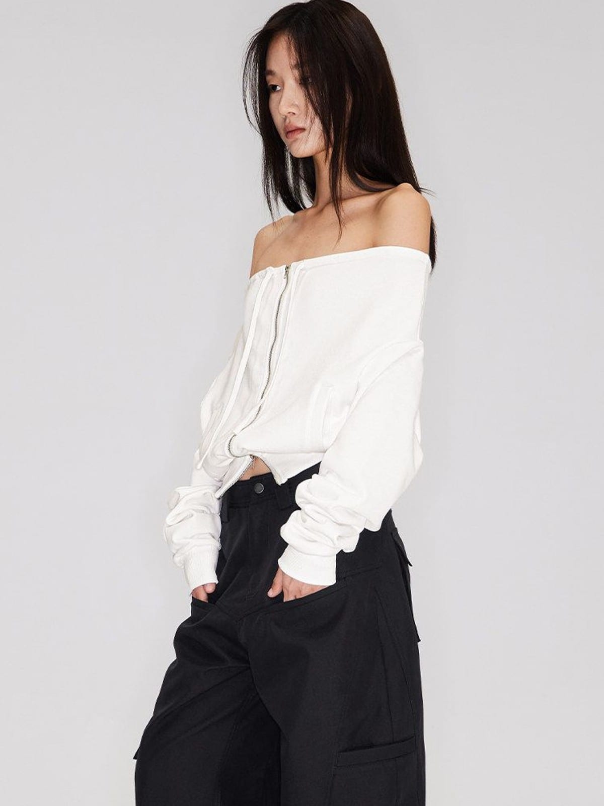 RARELY ALIKE Off Shoulder Zip Up Sweatshirt in White - On Female Model