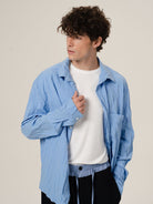 Retro 21 Pleated Bamboo Rayon Shirt in Blue - On Male Model