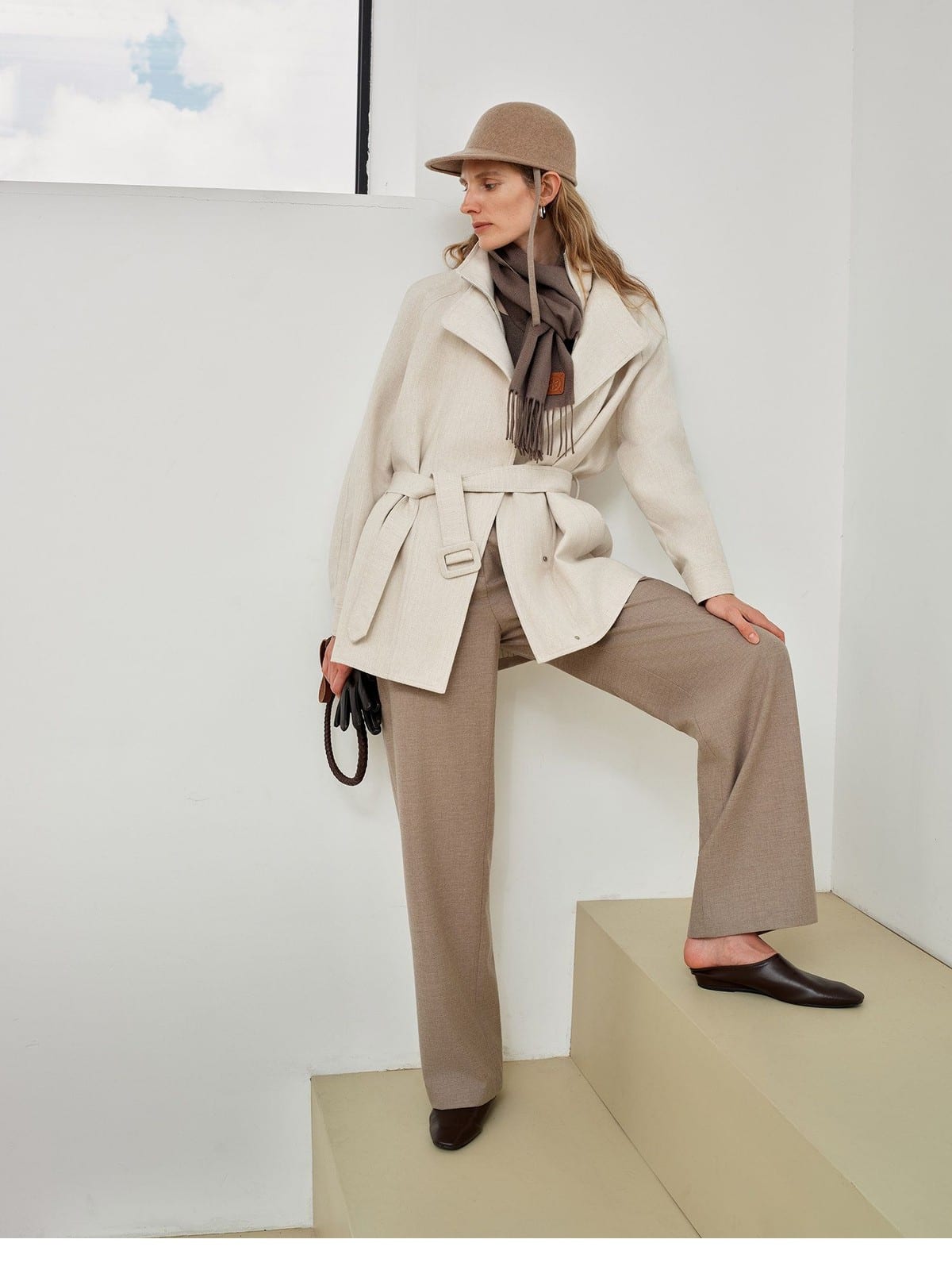 TEASEL Belted Wool Linen Safari Jacket in Beige - On Female Model