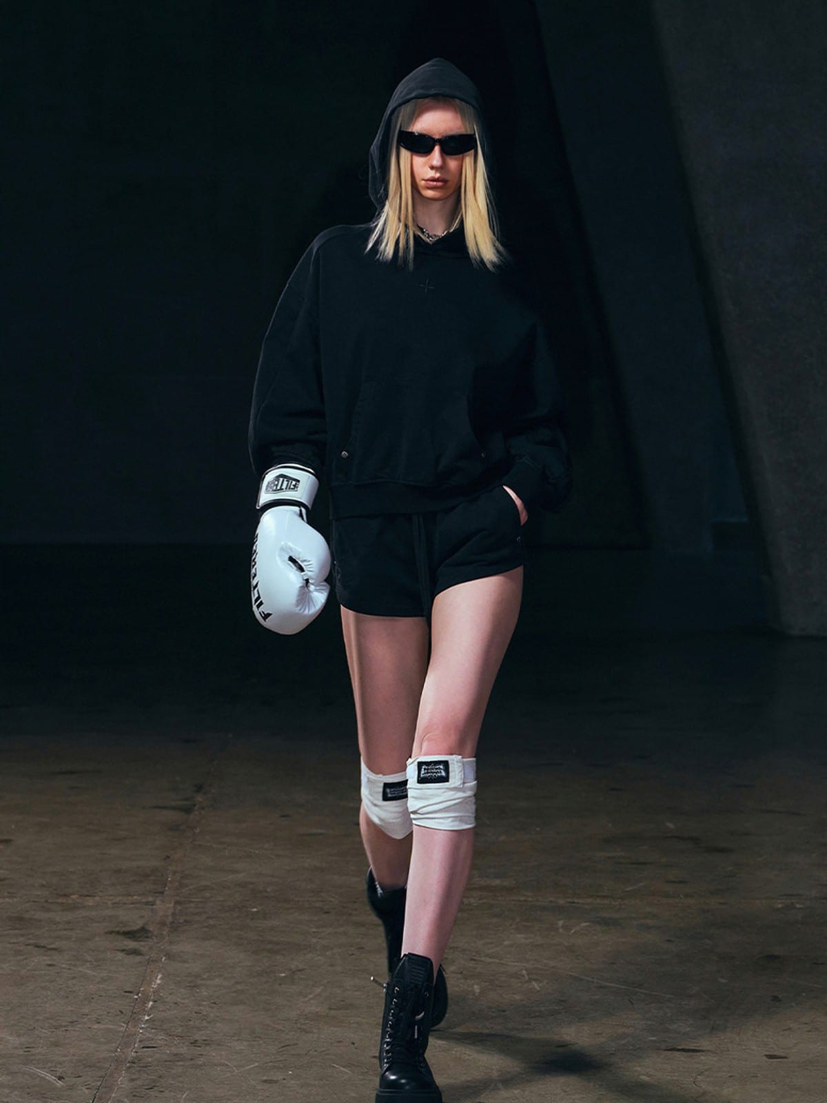 SMFK Meditation Cropped Cotton Hoodie in Black - On Female Model