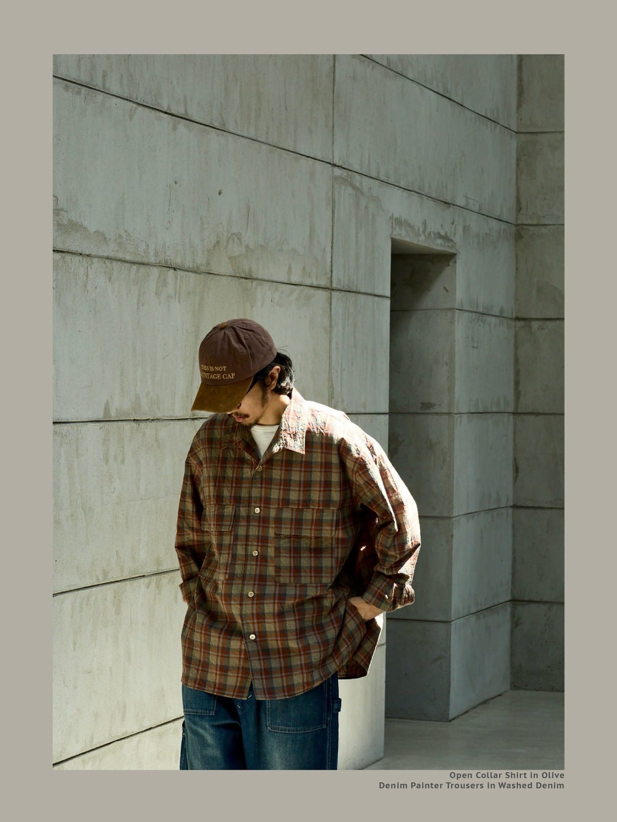 USAGE Washed Crinkle Plaid Open Collar Shirt in Orange - On Male Model