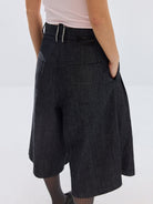 SIMPLE PROJECT Ramie Blend Selvedge Denim Cropped Shorts in Blue - On Model