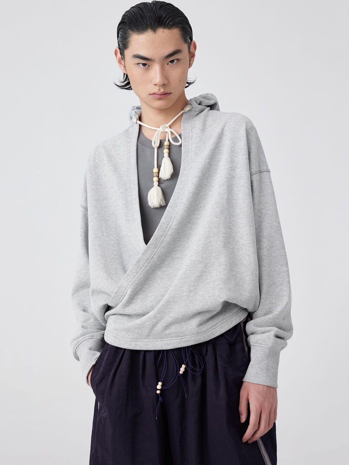 SIMPLE PROJECT Overlapping Slant Placket Hoodie in Gray - On Male Model