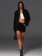 SMFK Cotton Blend Slim Zip Up Hoodie in Black - On Female Model