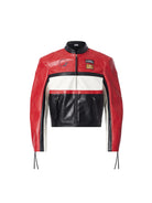 BLINDNOPLAN Cropped Color Block Faux Leather Moto Jacket in Red