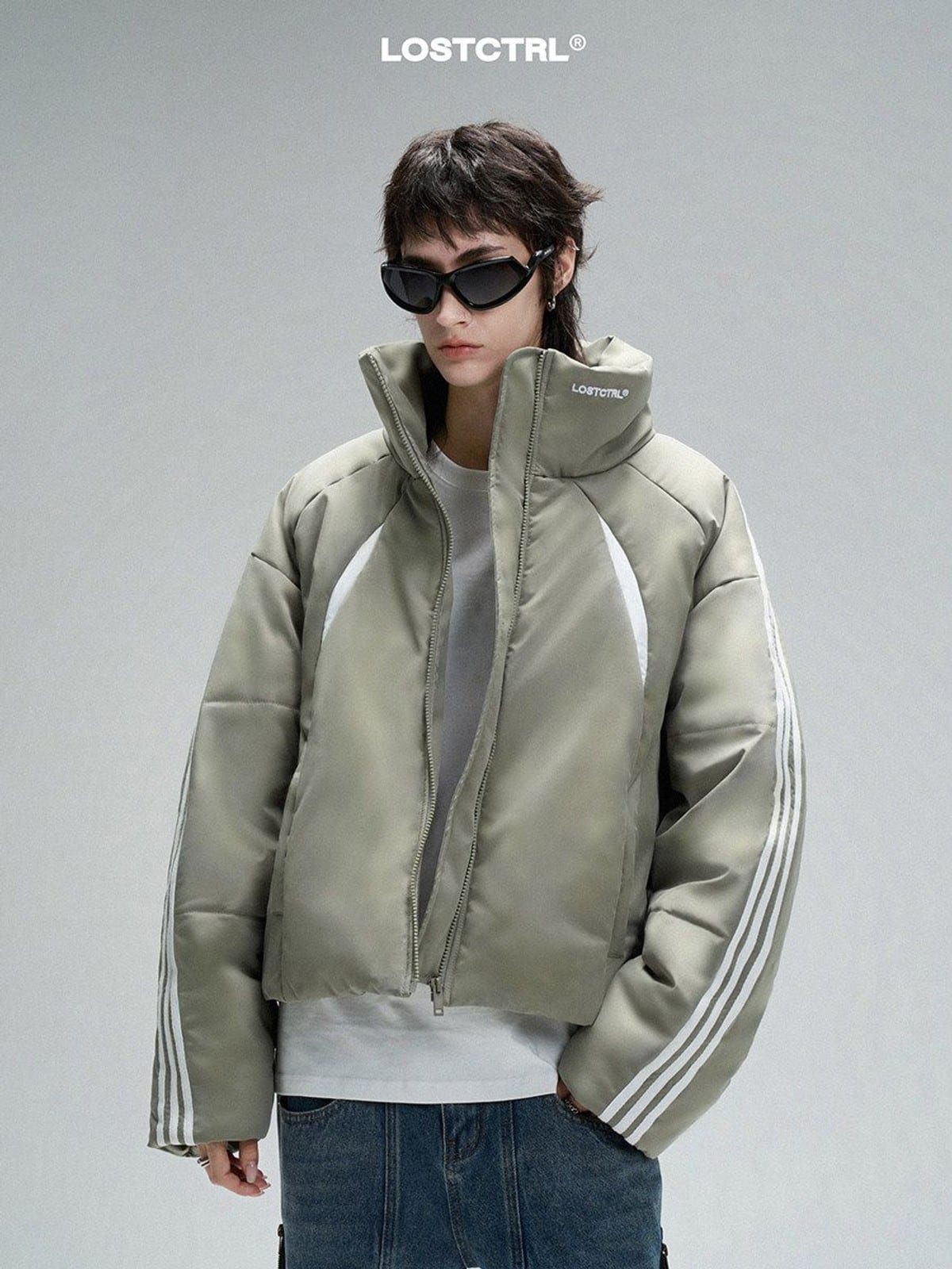 LOSTCTRL Color Block Stripe Puffer Jacket in Mint - On Model