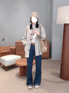 Venus Contrast Collar Cotton Barn Jacket in Beige - On Female Model
