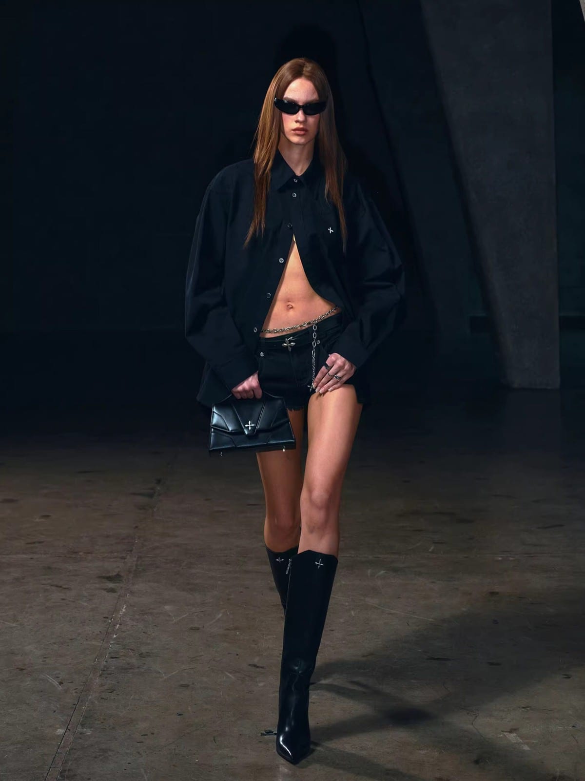SMFK Cross Badge Cotton Cargo Shirt in Black - On Female Model