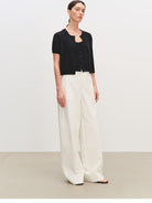 MSBEAST Textured Cotton Wide Leg Trousers in White - On Female Model