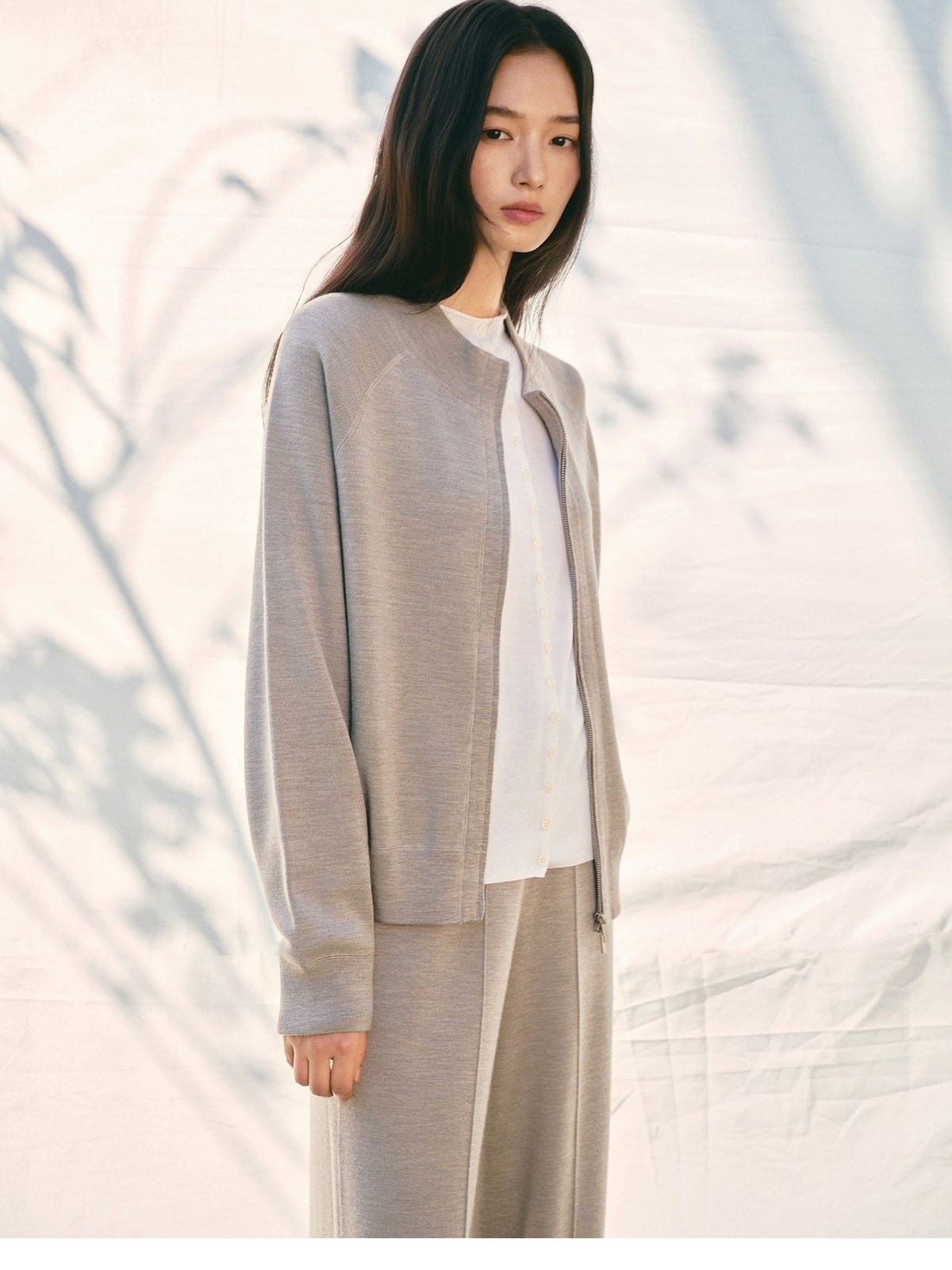 TEASEL Worsted Wool Double Zip Knit Jacket in Beige - On Female Model