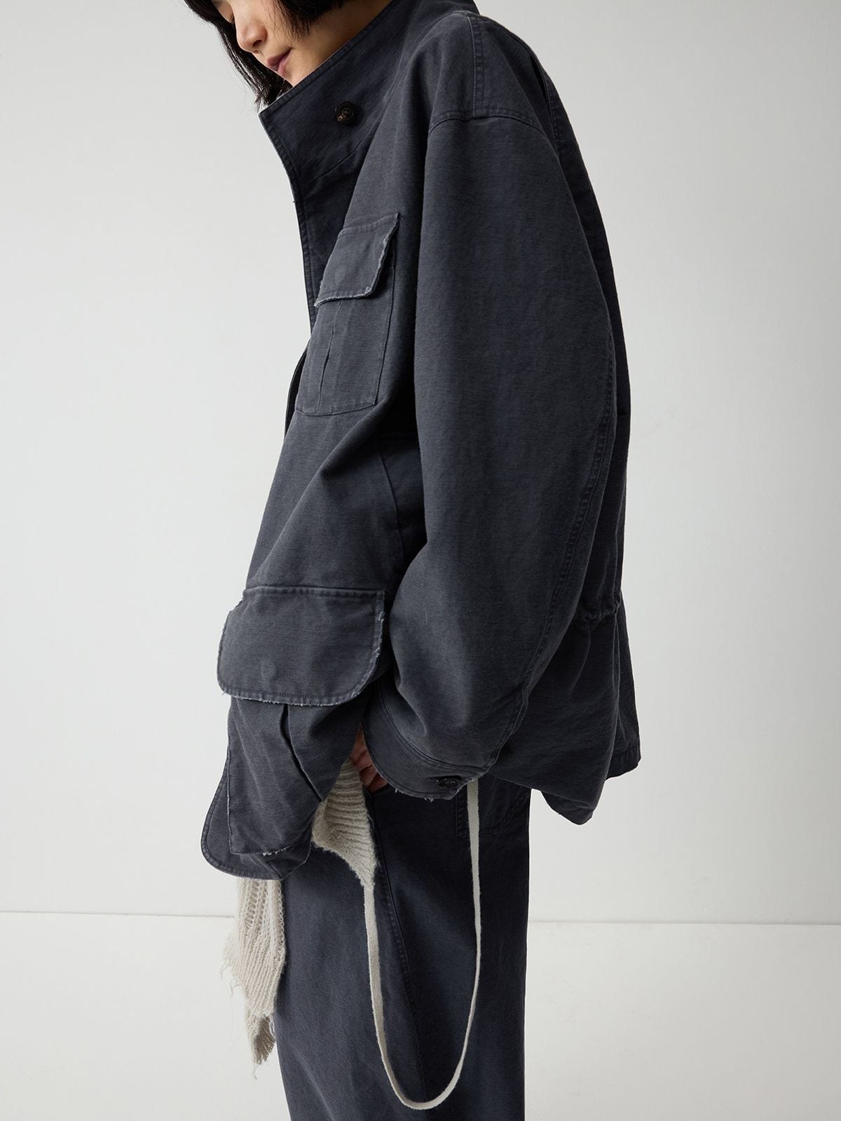 Random Piece Enzyme Washed Cotton Workwear Jacket in Gray - On Female Model