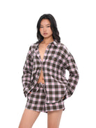 SweetChilling Relaxed Plaid Button Down Shirt in Pink - On Female Model