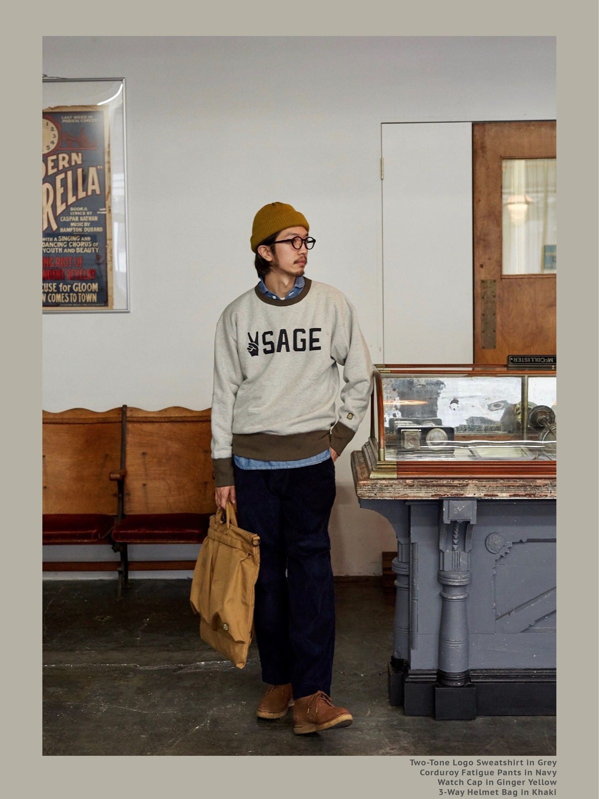 USAGE Graphic Two Tone Cotton Sweatshirt in Gray - On Male Model