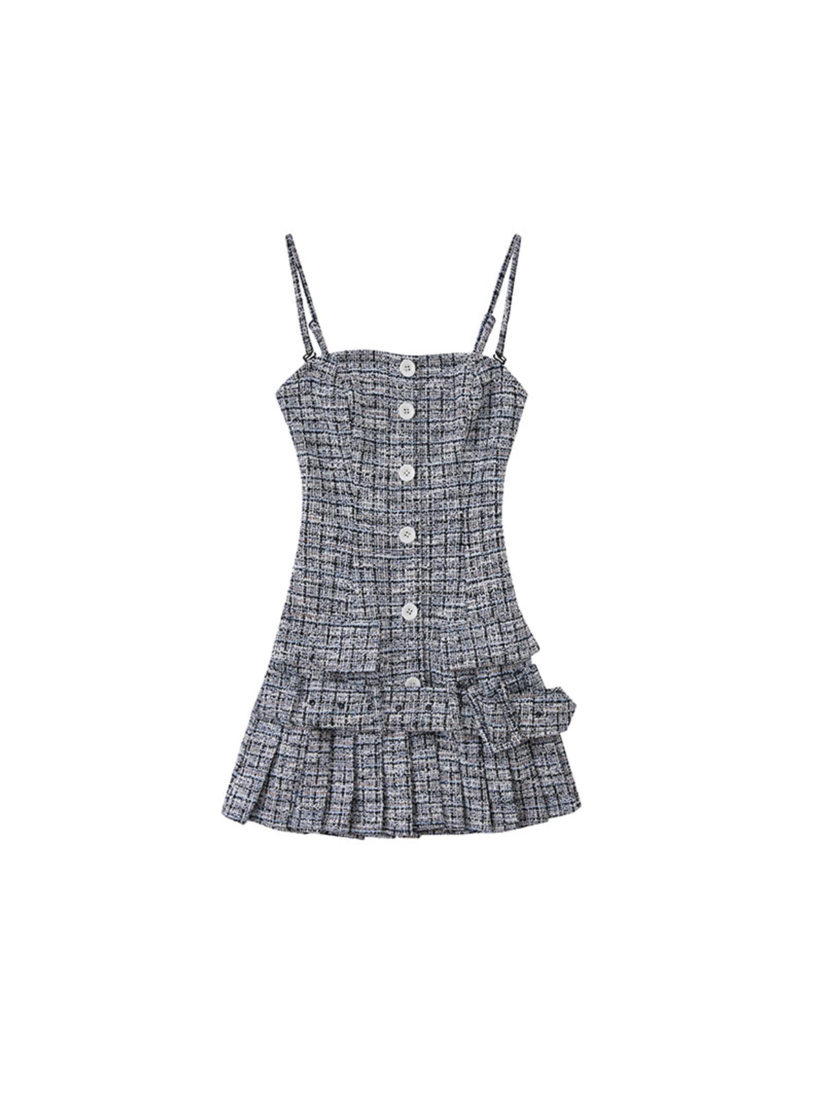 SweetChilling Tweed Effect Pleated Mini Dress in Navy Blue