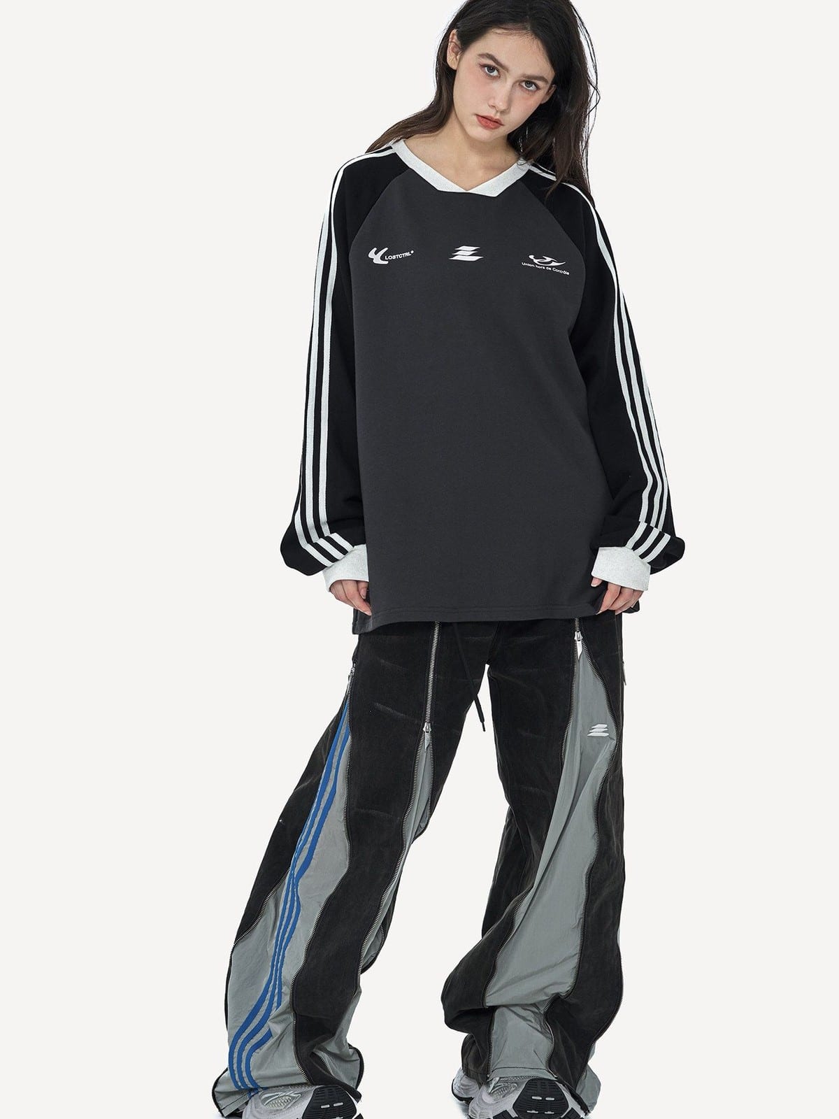 LOSTCTRL Striped V Neck Raglan Sweatshirt in Gray - On Female Model