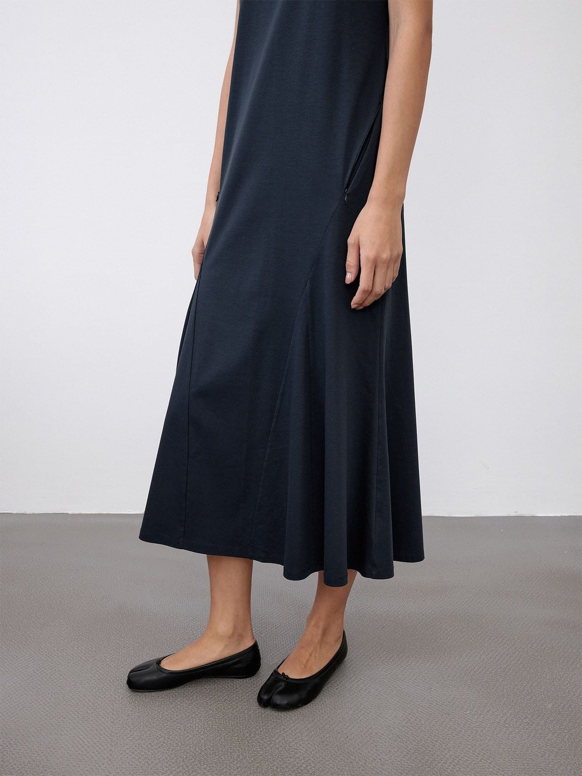 Random Piece Paneled Cotton Blend Fishtail Dress in Blue - On Female Model