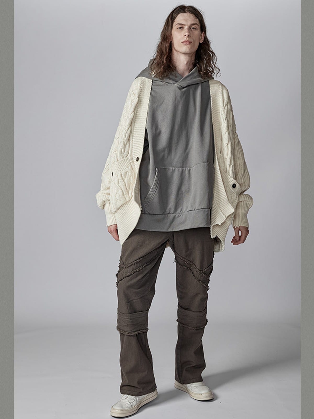 D5ove Distressed Cable Knit Noragi Cardigan in Cream - On Male Model