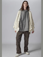 D5ove Distressed Cable Knit Noragi Cardigan in Cream - On Male Model