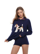 SweetChilling Fox Terrier Jacquard Pullover in Navy - On Female Model