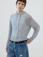 SIMPLE PROJECT Washi Paper Yarn Zip Up Hoodie in Sky Blue - On Male Model