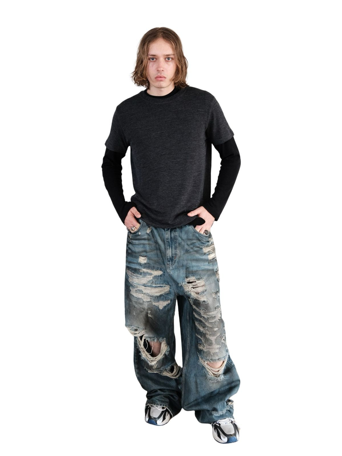 UNKNOWNWORLD Distressed Boro Mud Dyed Jeans in Denim - On Male Model