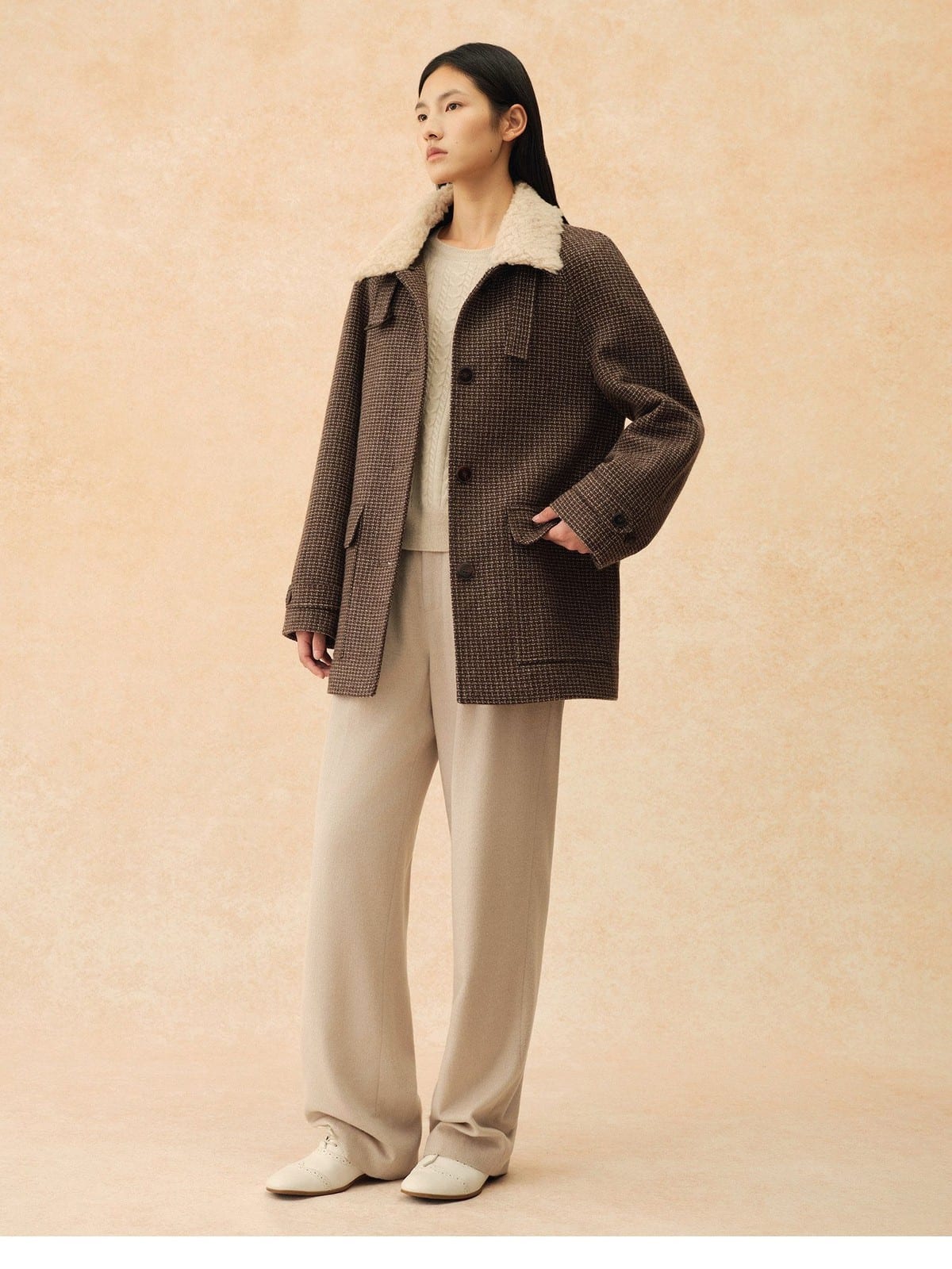 TEASEL Wool Plaid Barn Jacket with Fur Collar in Brown - On Female Model
