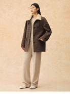 TEASEL Wool Plaid Barn Jacket with Fur Collar in Brown - On Female Model