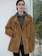 MSBEAST Drawstring Sheep Leather Jacket in Beige - On Female Model