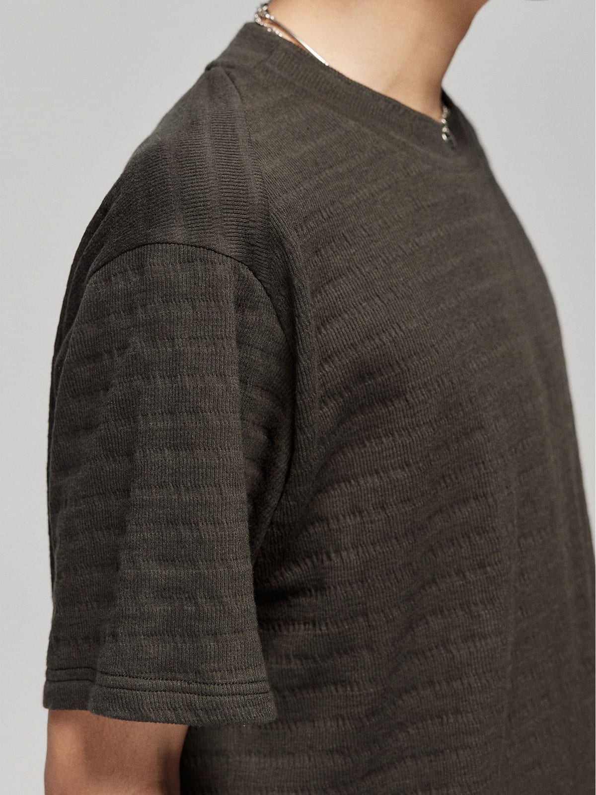 SIMPLE PROJECT Textured Diagonal Paneled T Shirt in Gray - On Male Model