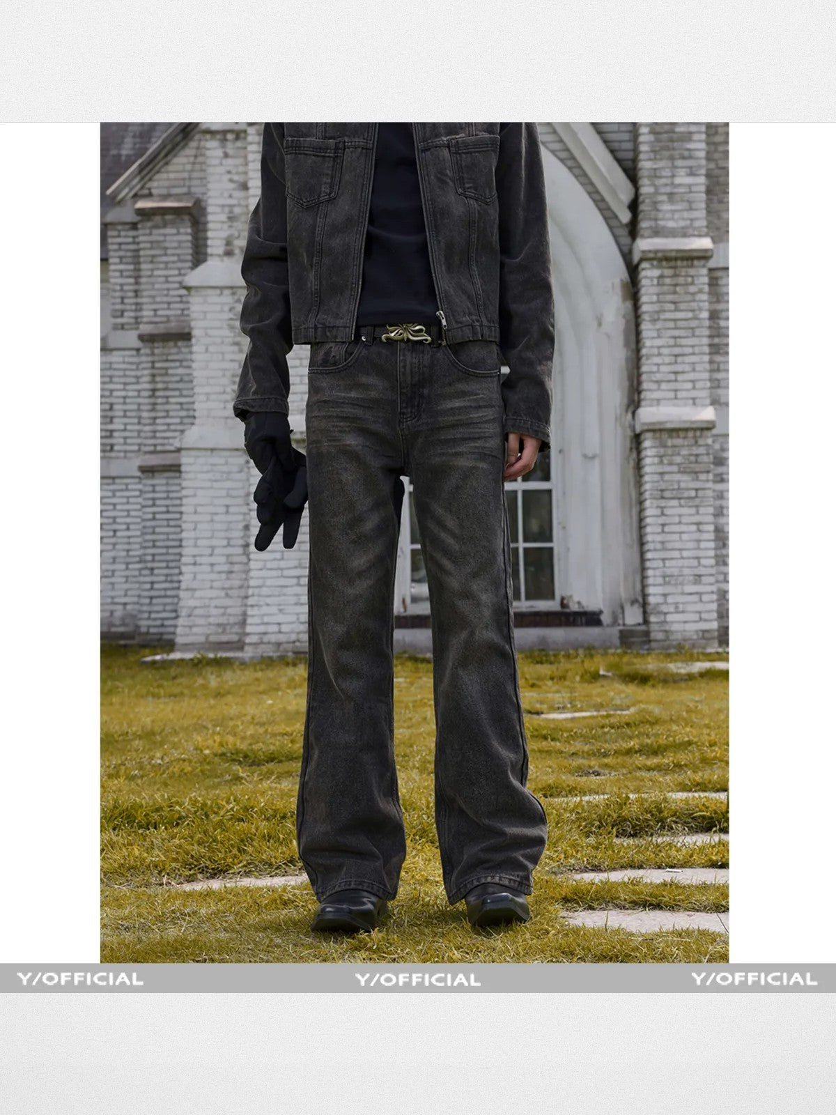 Y OFFICIAL Okayama Slub Mud Dyed Micro Flare Jeans in Gray - On Model