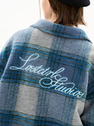 LOSTCTRL Embroidered Brushed Plaid Jacket in Blue - On Model