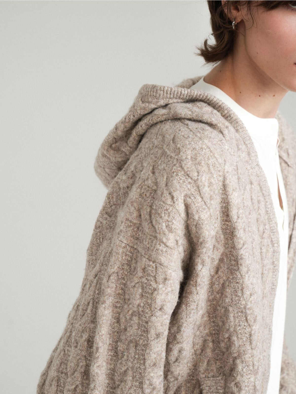 Retro 21 Cable Knit Wool Blend Zip Hoodie in Khaki - On Female Model