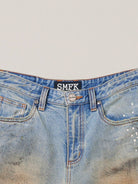SMFK Distressed Dirty Wash Wide Leg Jeans in Denim - Detail