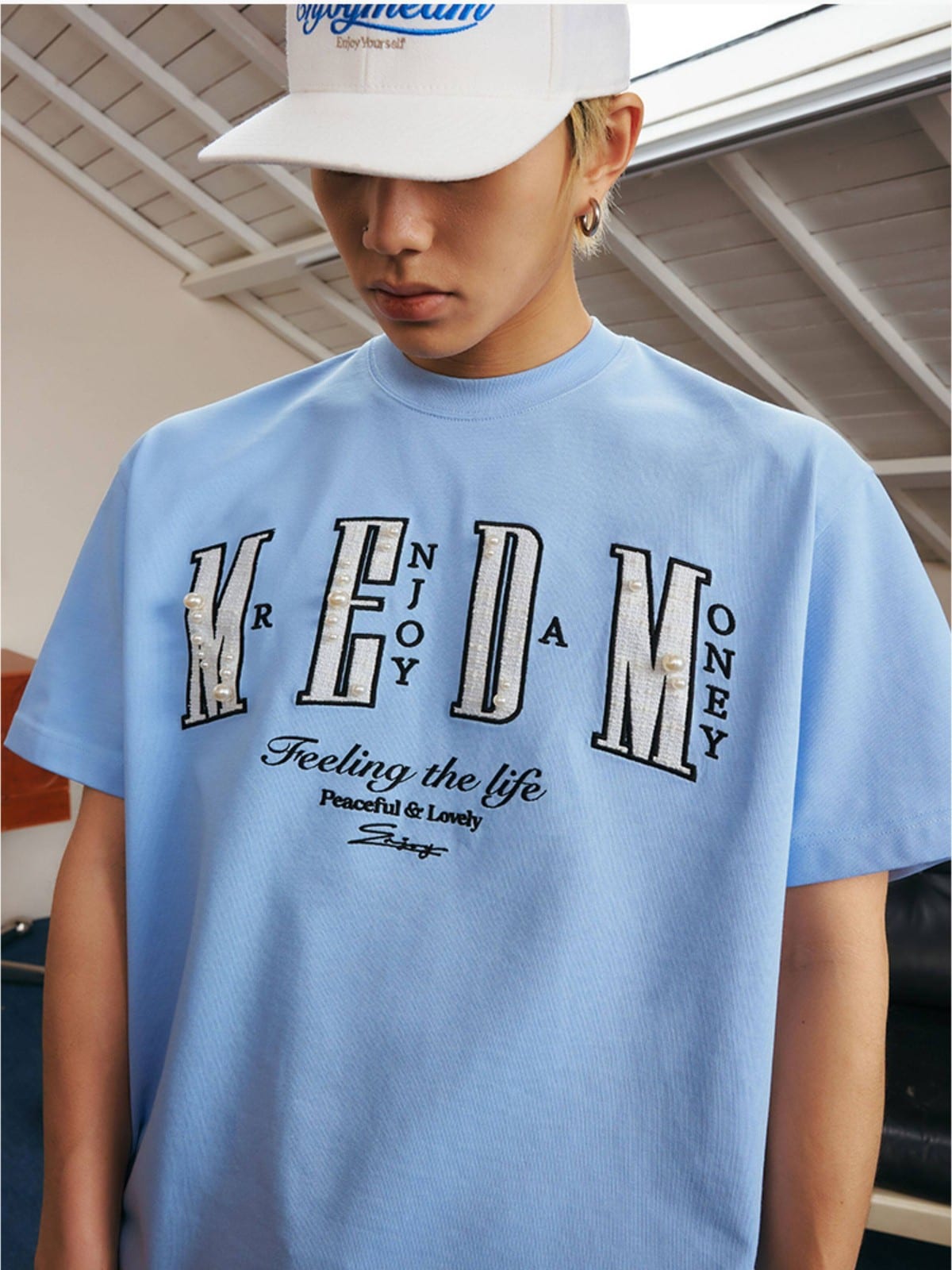 MEDM Pearl Embellished Letter Cotton T Shirt in Sky Blue - On Male Model