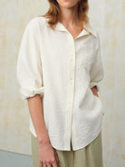 TEASEL Crinkled Silk Blend Short Sleeve Top in White - On Female Model