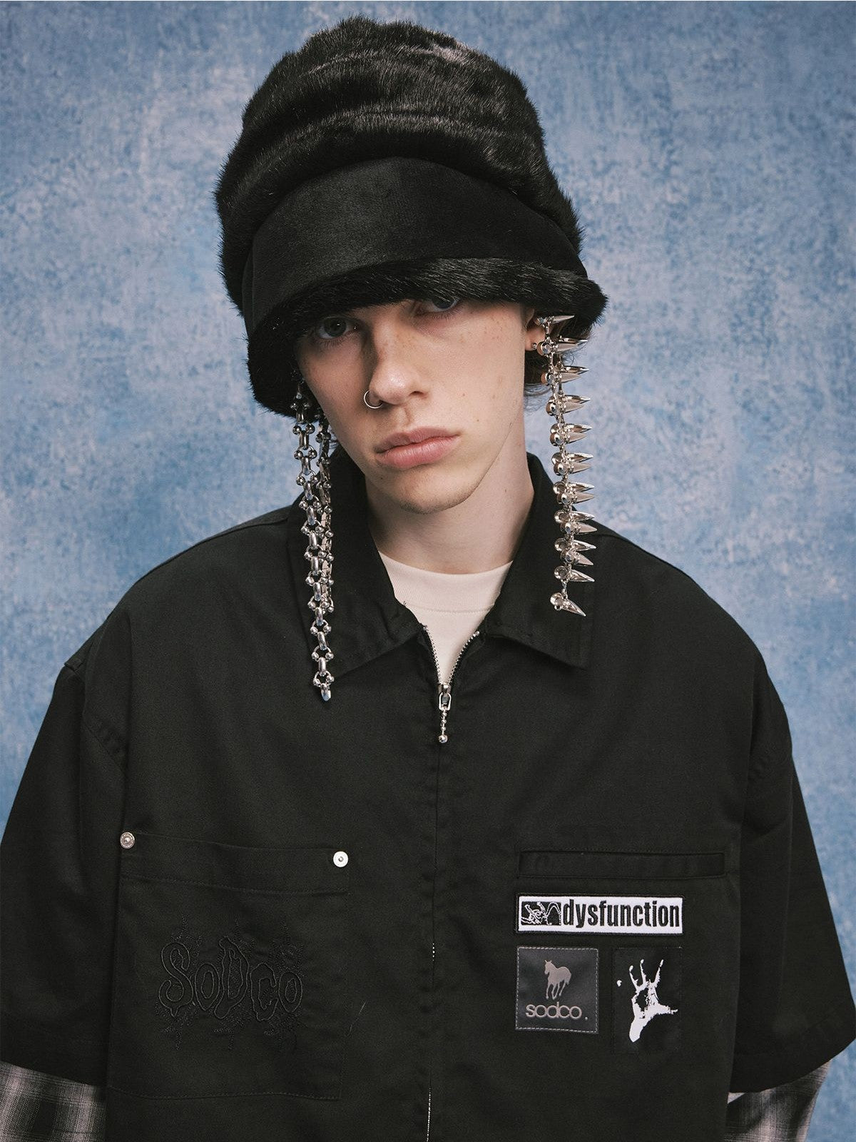 SOD Online Store Layered Sleeve Zip Up Shirt Jacket in Black - On Male Model