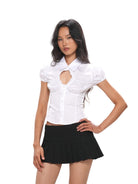 SweetChilling Cutout Puff Sleeve Cotton Blend Shirt in White - On Female Model