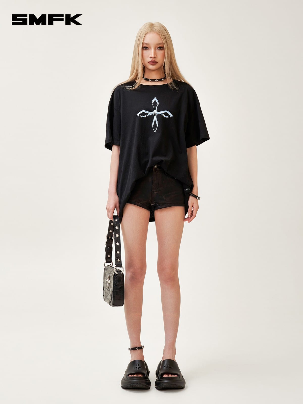 SMFK Cross Graphic Cotton T Shirt in Black - On Female Model