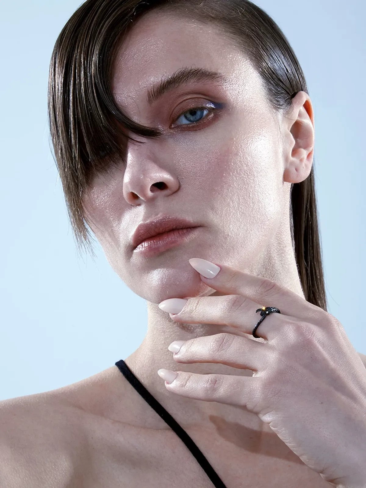 BLACKHEAD Serpentine Steel Rhinestone Ring in Silver - On Female Model