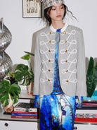 BADTASTE Braided Trim Equestrian Blazer in Sky Blue - On Female Model