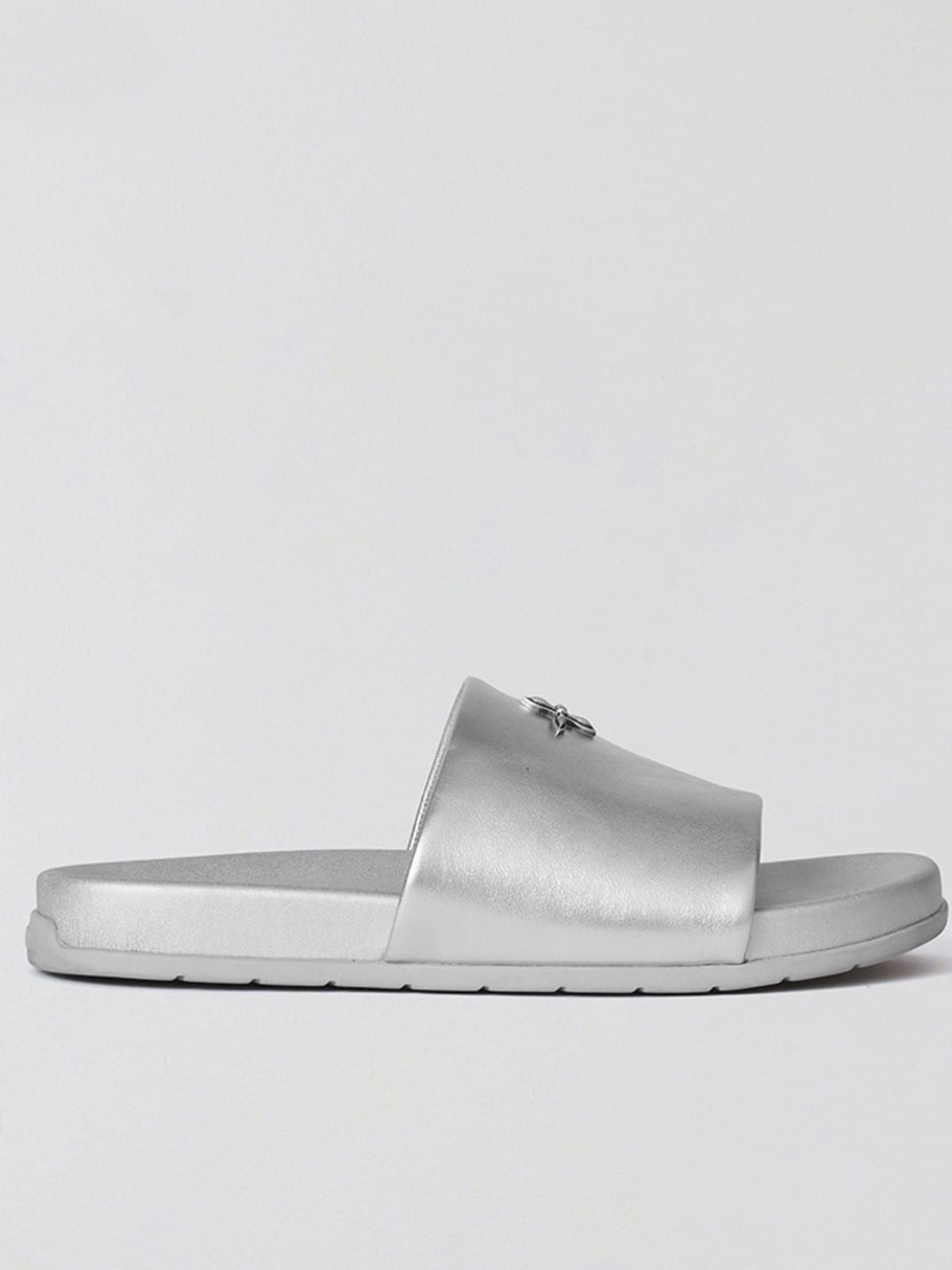 SMFK Leather Cross Detail Slide Sandals in Gray