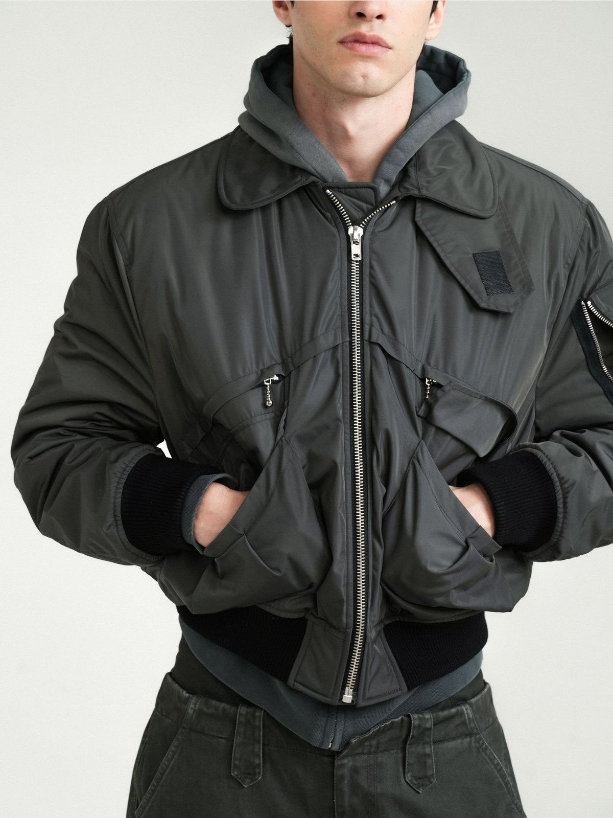 Retro 21 Multi Pocket Thinsulate Bomber in Green - On Male Model