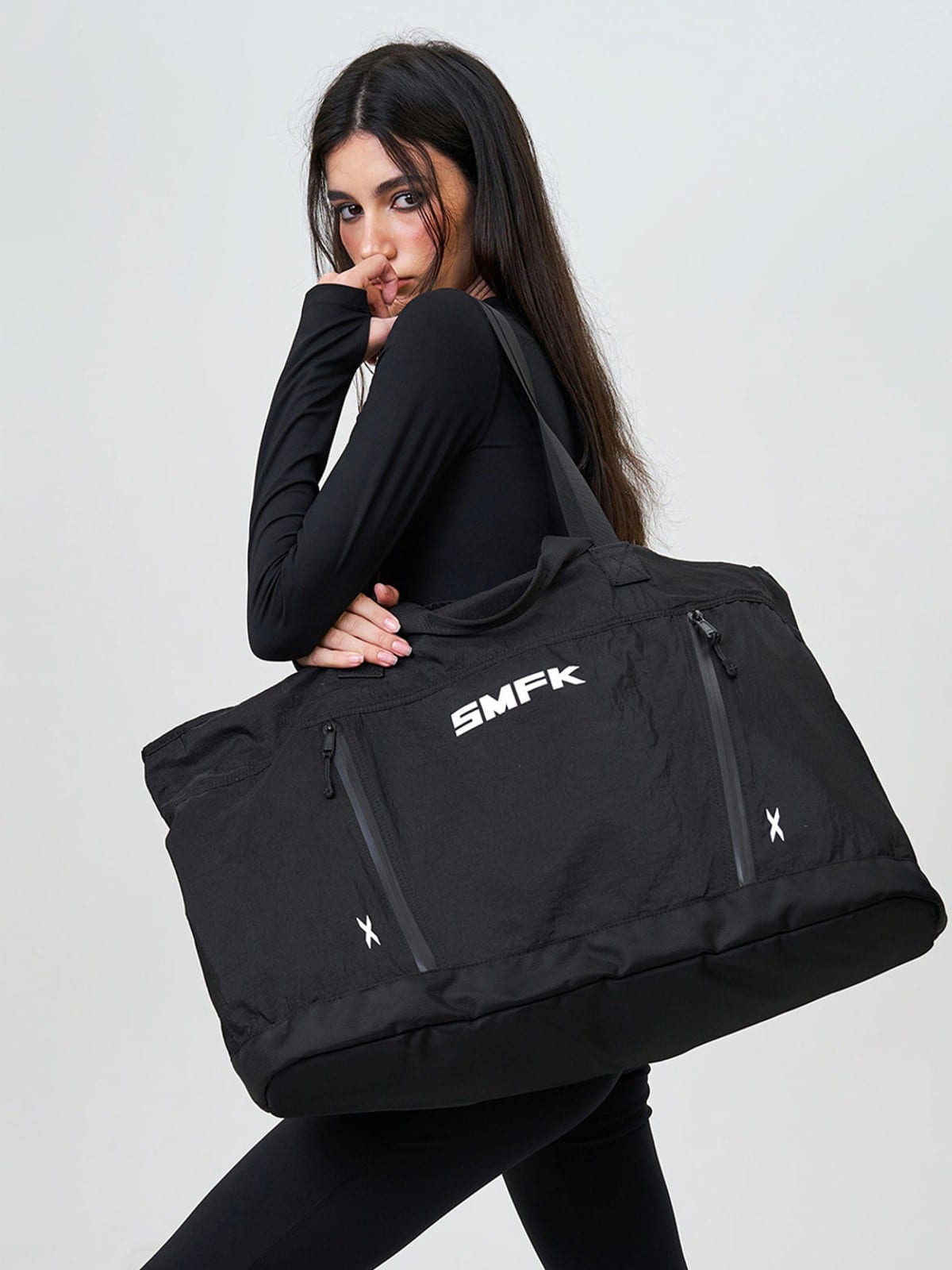 SMFK Large Polyamide Fitness Bag in Black - On Female Model