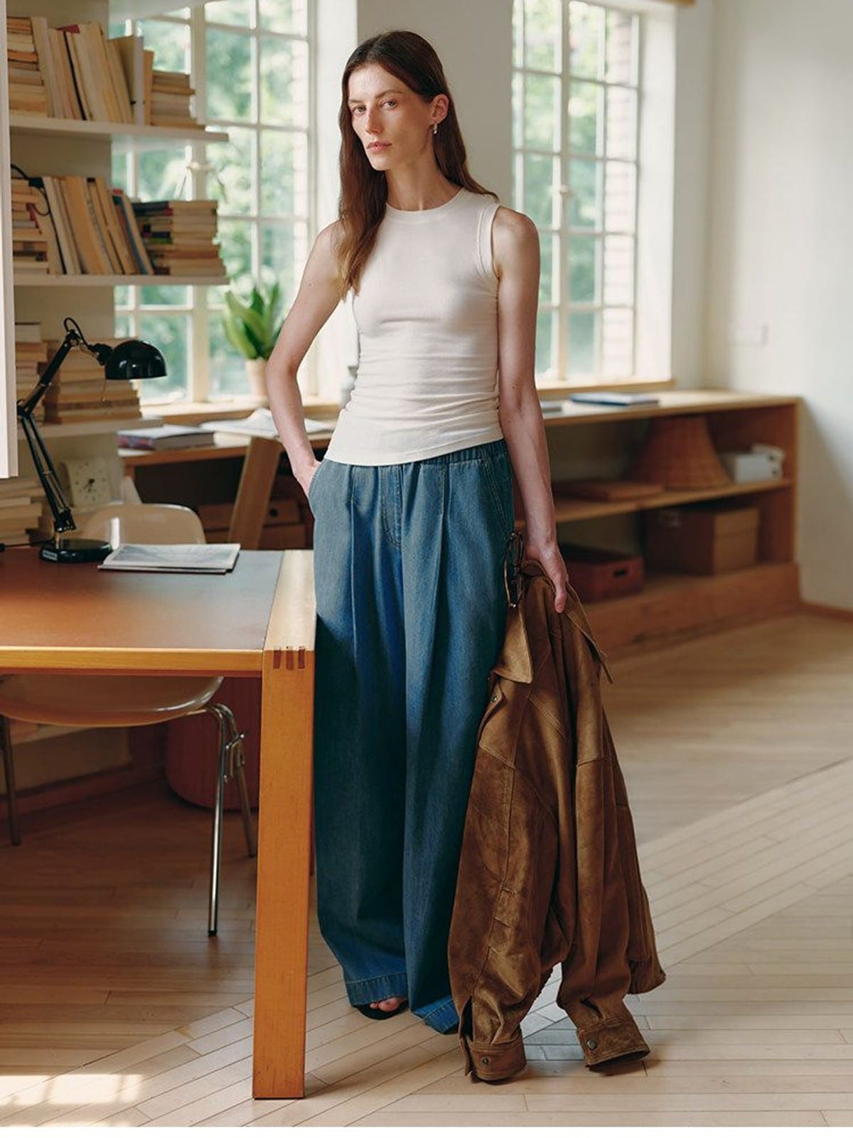 MSBEAST Silk Cotton Pleated Wide Leg Jeans in Denim - On Female Model