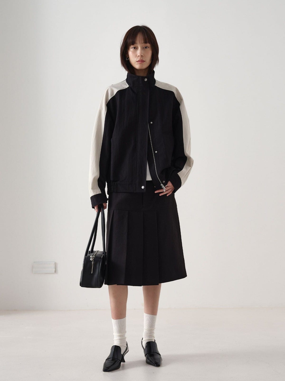 Random Piece Color Block Cotton Blend Cropped Jacket in Black - On Female Model