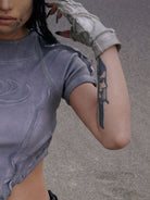 PERSONSOUL Deconstructed V Hem Crop T Shirt in Gray - On Female Model