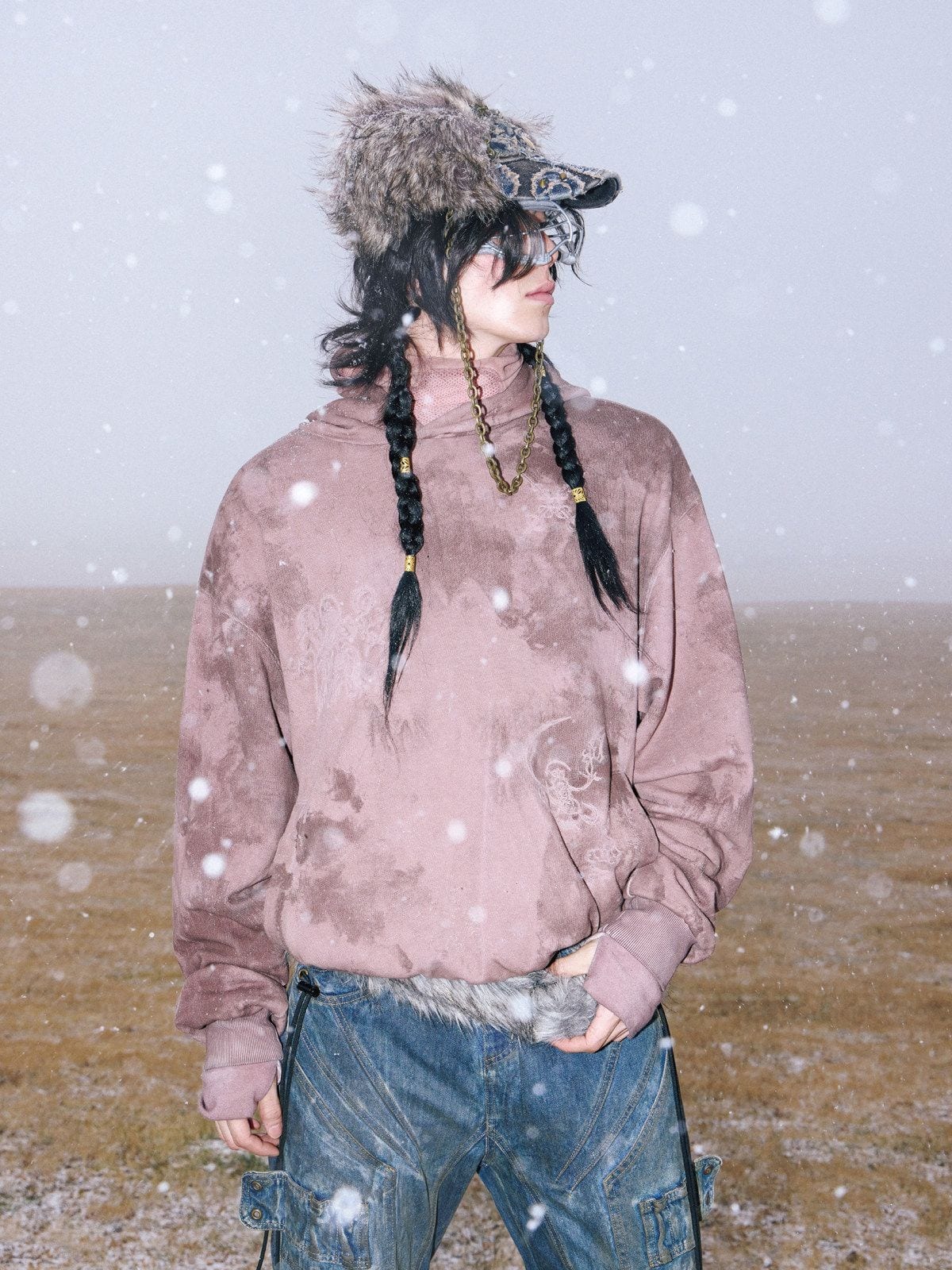PERSONSOUL Embroidered Distressed Mask Hoodie in Pink - Lifestyle
