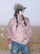 PERSONSOUL Embroidered Distressed Mask Hoodie in Pink - Lifestyle