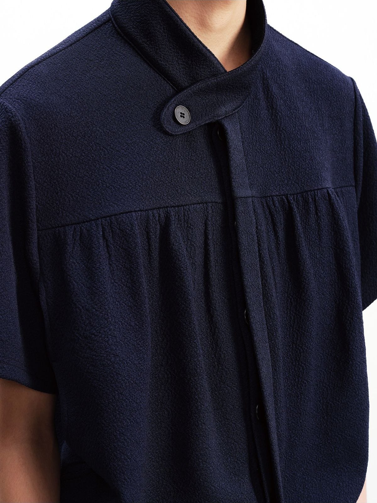 JCAESAR STUDIO Ruched Jacquard Stand Collar Shirt in Navy - On Male Model