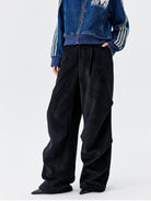 MEDM Wide Leg Parachute Cargo Pants in Black - On Model